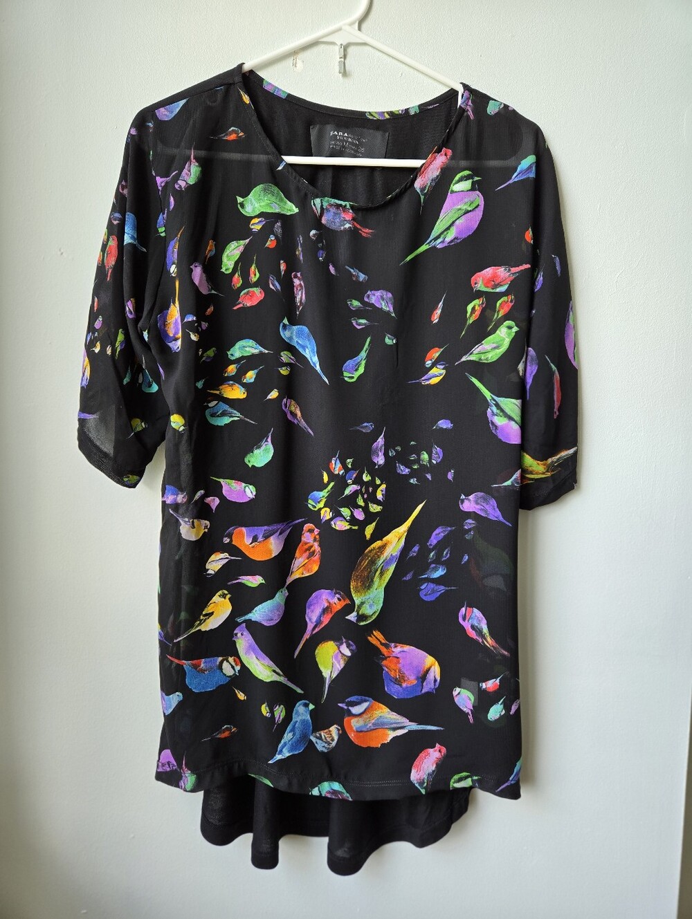 Y2K Zara Med Womens Multi Colour Bird Animal Print Boho Blouse Tunic Top Career